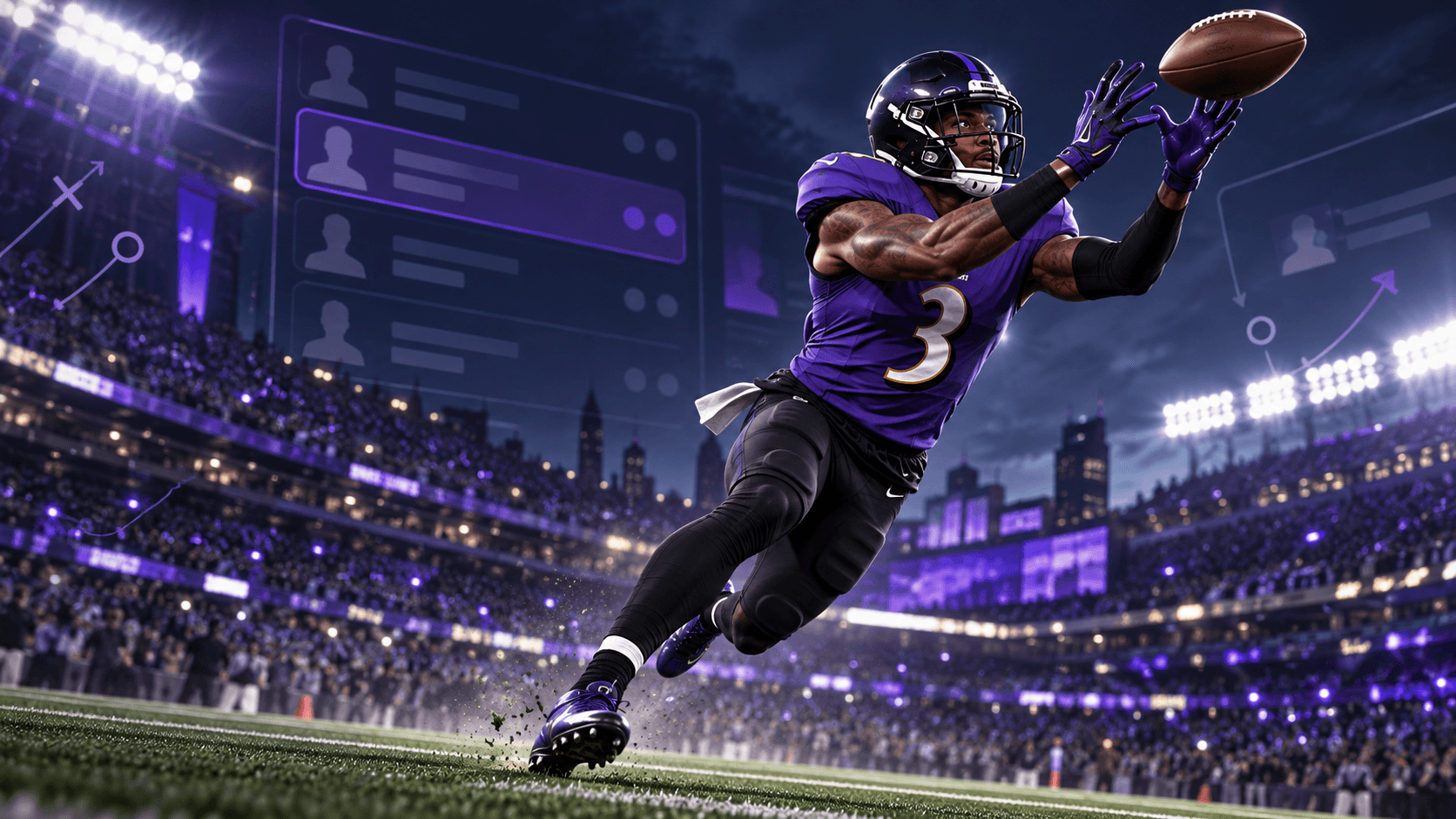 Illustration of a purple-uniformed wide receiver catching a football in a stadium with fantasy lineup graphics behind him.