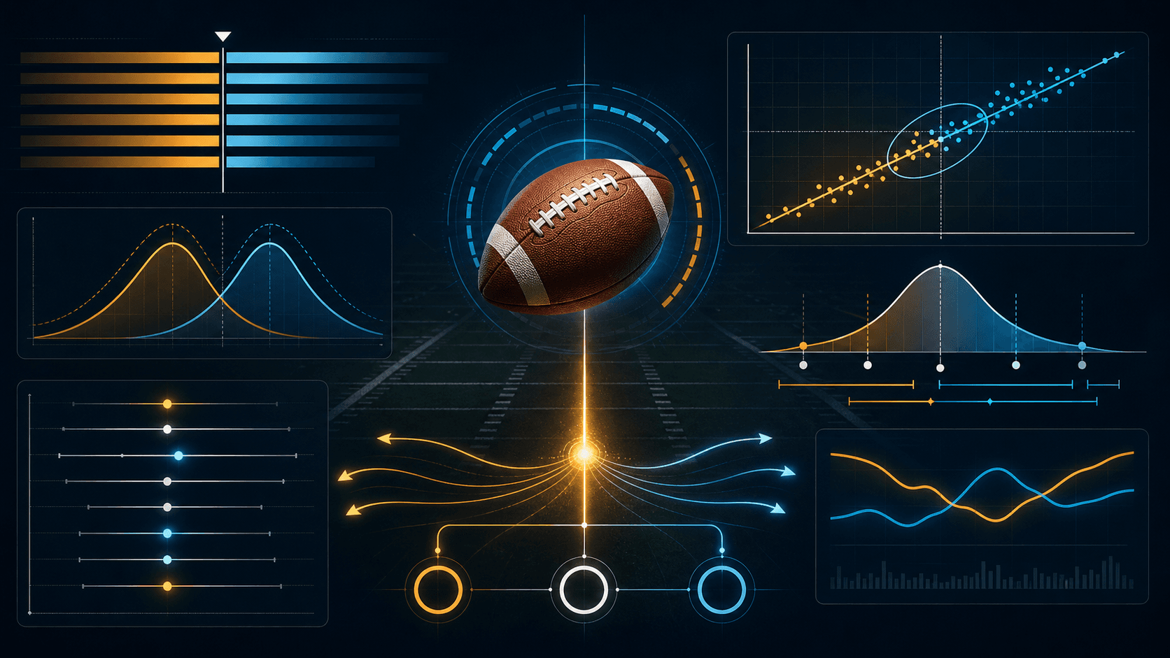 A football is surrounded by abstract charts, probability curves and glowing analytics markers.