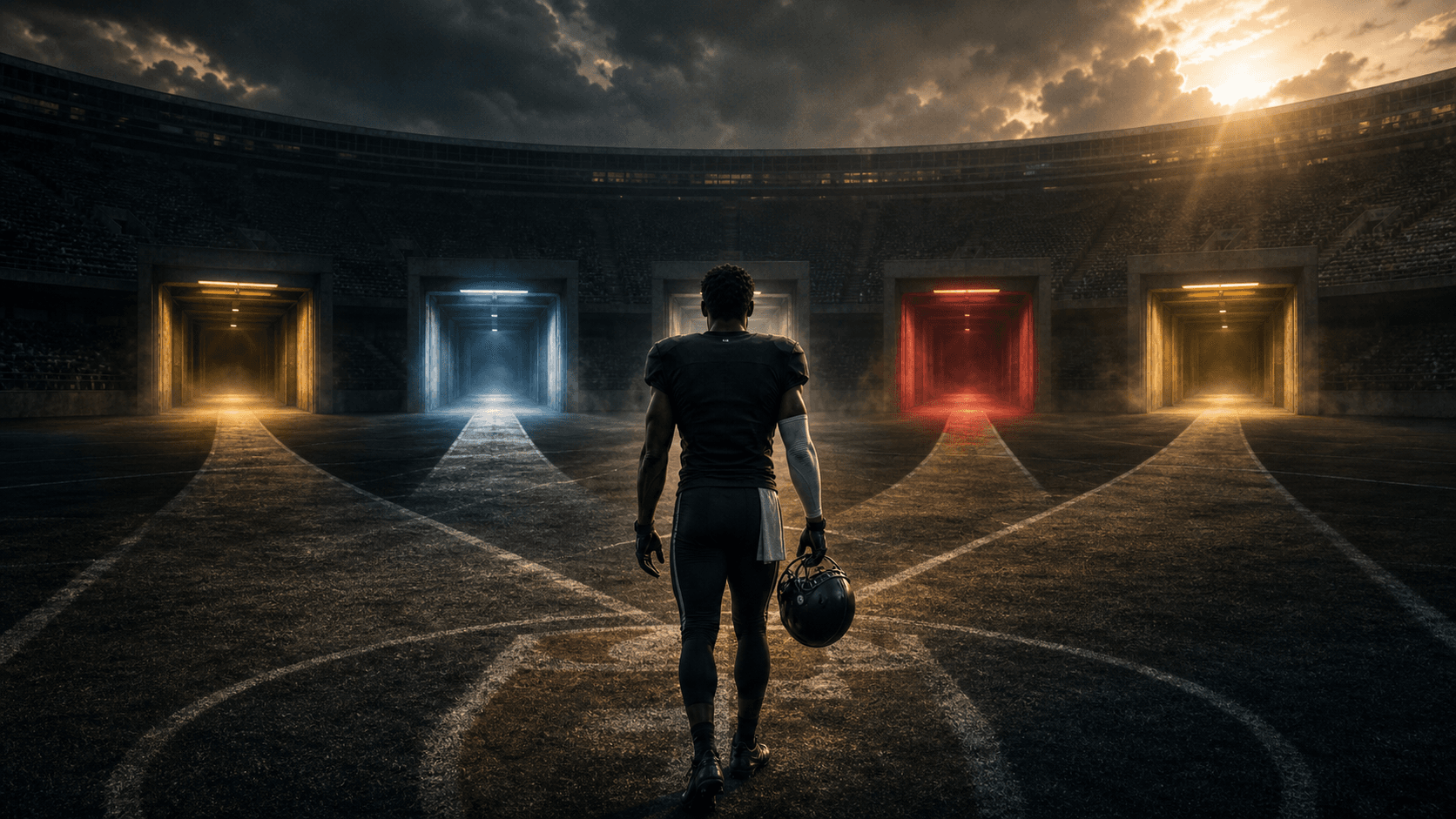 An anonymous wide receiver at midfield faces five illuminated stadium tunnels and branching paths.