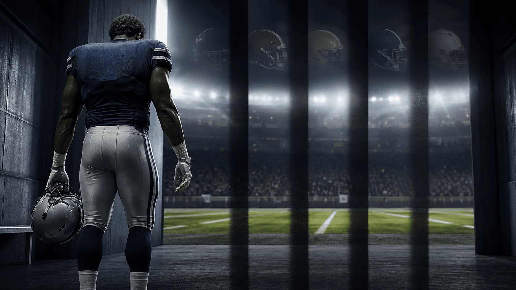An anonymous defensive football player stands in a stadium tunnel behind dark vertical bands.
