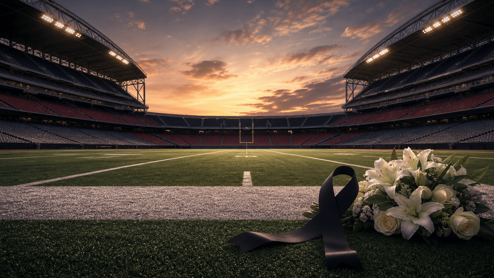 An empty Houston football stadium at sunset with white flowers and a black memorial ribbon on the sideline.